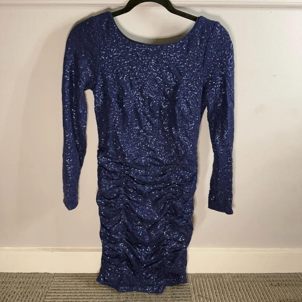 Aidan Mattox Navy Sequin Rouched Detail Low Back Long Sleeve Dress - Picture 1 of 7